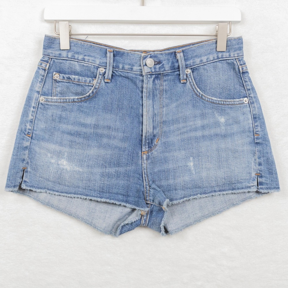 M AGOLDE Anja High Rise Raw Hem Distressed Denim Shorts Light Wash Sz 26